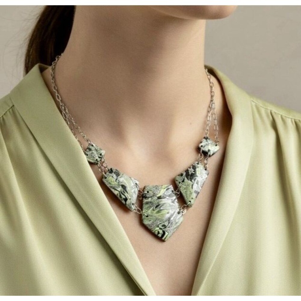 Green Black Silver Choker Style Handmade Polymer Clay Large Necklace SS Chain